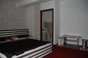 ein Schlafzimmer mit einem großen Bett und einem Spiegel in der Unterkunft Pensiunea Anca in Baile Felix