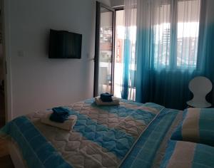 een slaapkamer met een groot bed en een tv aan de muur bij Apolonia Lux Apartment in Budva
