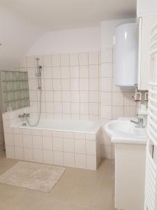 a bathroom with a shower and a tub and a sink at Ferienwohnungen Albstadt in Albstadt