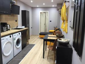 a kitchen and living room with a washing machine at Studio Danaya 2 in Varna City