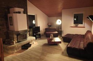 sala de estar con sofá y chimenea en Ferienhaus SEE Romantik mit Sauna und Whirlpool, en Zislow