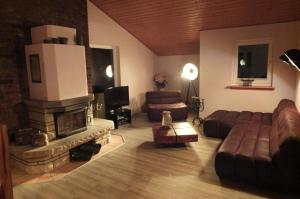 a living room with a couch and a fireplace at Ferienhaus SEE Romantik mit Sauna und Whirlpool in Zislow