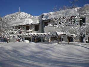 una casa ricoperta di neve con alberi in primo piano di Neos Omalos Hotel a Omalos