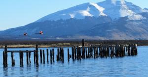 deux oiseaux volant au-dessus de l’eau avec une montagne dans l'établissement Patagonia Swiss House, à Puerto Natales