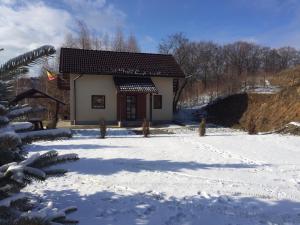 a small house in the snow with a bridge at Cabana 7 Brazi in Poiana Mărului