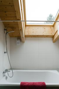 ein Bad mit einer Badewanne und einem Fenster in der Unterkunft Wetterhorn, Eiger, Jungfrau, Amazing! in Grindelwald
