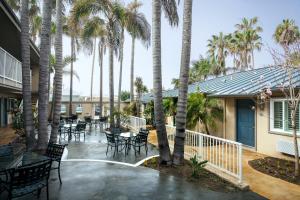 eine Terrasse mit Tischen, Stühlen und Palmen in der Unterkunft PB Surf Beachside Inn in San Diego