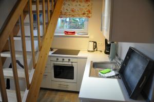 una piccola cucina con lavandino e piano cottura di Netzschuppen a Fehmarn