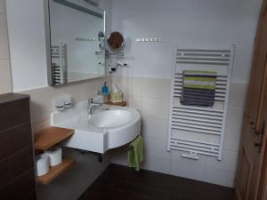 a bathroom with a white sink and a mirror at Landhaus & Apartment Taxach in Ried im Zillertal +34 photos