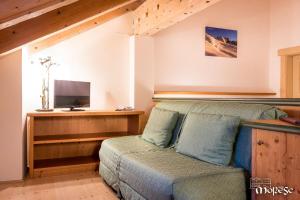 a living room with a couch and a television at Casa Moresc in Spiazzo