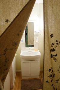 uma casa de banho com um lavatório e um espelho em Fukuoka Tabiji Hostel & Guesthouse em Fukuoka
