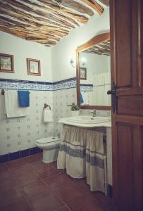 La salle de bains est pourvue d'un lavabo, de toilettes et d'un miroir. dans l'établissement Casa rural rincón de Letur, à Letur