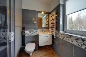 a bathroom with a toilet and a sink and a window at Apartamenty EverySky - Wilcza 3F-2 in Karpacz +27 photos