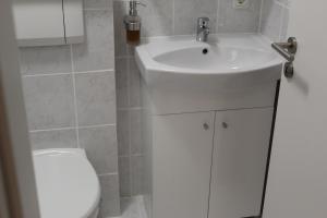 a bathroom with a white sink and a toilet at App mit Klima, Pool, Garage für Auto, Bike, Skier, AktivCARD optional in Sankt Englmar