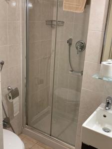 a shower with a glass door next to a sink at Florence Room B&B in Florence