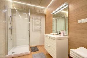 a bathroom with a shower and a sink and a mirror at Kauno-Algirdo Luxury apartments in Vilnius +19 photos