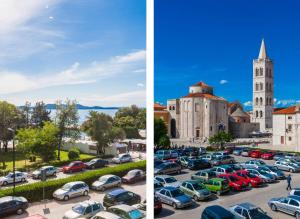 a parking lot with cars parked in front of a church at Stylish Centre Apartments in Zadar