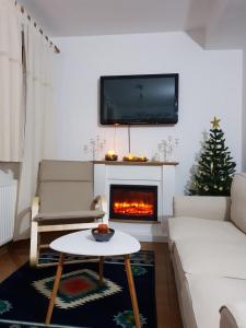 un salon avec une cheminée et une télévision au-dessus. dans l'établissement Fairytale apartment close to Bradu Ski Slope, à Poiana Brasov