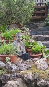a statue sitting in a garden with plants at Casa Montseny con piscina,bosque in Sant Pere de Vilamajor