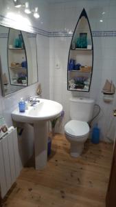 a bathroom with a sink and a toilet and a mirror at Casa Montseny con piscina,bosque in Sant Pere de Vilamajor
