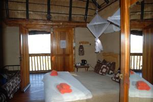 a bedroom with two beds in a room with windows at Adansonia Eco Lodge in Musina