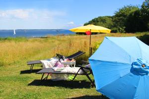 una mesa y una sombrilla azul y una mesa y sillas en Ferienhaus Skagen, en Steinbergkirche