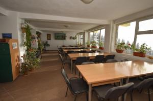 a dining room with tables and chairs and plants at Vila Parang in Petroşani