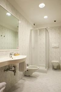 a bathroom with a sink and a shower and a toilet at Hotel Gardenia in Verona