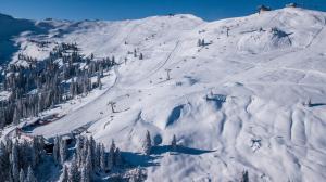 a snow covered mountain with people skiing down it at Appartements Spielberg in Leogang