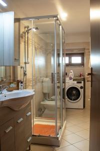 een badkamer met een douche en een wasmachine bij Casa la foriana in Carema