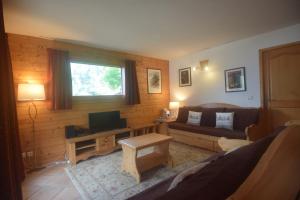 uma sala de estar com um sofá e uma televisão em Spacious Apartment 2 Minutes from Ski Lift, Equipped for Babies em Les Houches