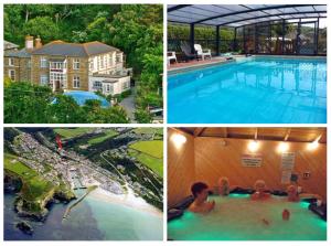 a collage of four pictures of a swimming pool at Simply the best ! 4 Min walk to Beach, Pubs, Restaurants, Shops, Heated Pool, Hottub, Games room, 1 acre Garden, BBQ's, Private Parking, WIFI, Basesets acre, call for other dates ! in Portreath