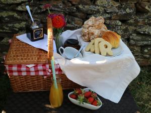 una mesa de picnic con una cesta de comida y fruta en Quinta da Retorta, en Pinhel
