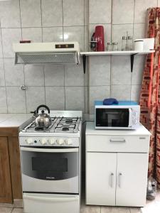 y cocina con fogones y microondas. en Del Bosque 487 Apartamento en Ushuaia