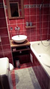 a red tiled bathroom with a sink and a tub at Apartmán Lucie in Pardubice