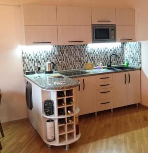 a kitchen with a counter and a sink and a microwave at Redco №1 Apartament Gondola LIft in Gudauri