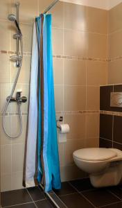 a bathroom with a shower with a toilet and a sink at Niriides Studios and Apartments in Paralia Katerinis