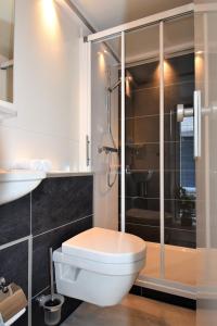 uma casa de banho com um WC e um chuveiro em Cozy floating boatlodge "Maastricht". em Maastricht