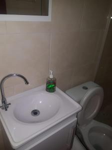 La salle de bains est pourvue d'un lavabo et de toilettes. dans l'établissement Flat - Coroa Vermelha, à Santa Cruz Cabrália