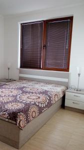 um quarto com uma cama e duas janelas em Grand Monastery - Azure Apartment em Pamporovo