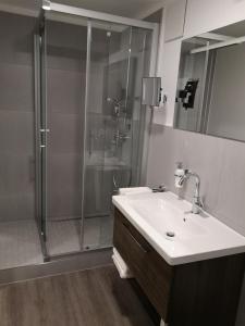a bathroom with a shower and a white sink at Trip Inn PostApart Aschaffenburg in Aschaffenburg