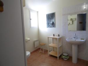 a bathroom with a sink and a toilet and a mirror at La Ferme de Valauris in Sisteron