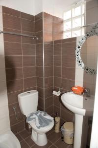 een kleine badkamer met een toilet en een wastafel bij Rodolithos Beach Studios in Stavros