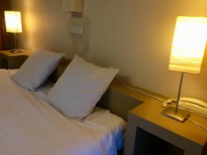 Cette chambre d'hôtel comprend un lit avec des oreillers et une lampe. dans l'établissement Hotel La Venerie, à Virton
