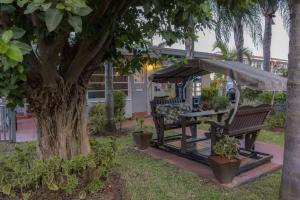 una mesa de picnic y un banco bajo un árbol en Richard's Motel Extended Stay, en Hallandale Beach