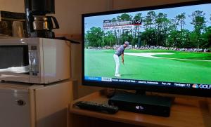 un televisor con una foto de un golfista en SkyView Swift Current, en Swift Current