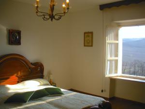 a bedroom with a bed with a window and a chandelier at Cascina tra i vigneti a Nizza Monferrato in Nizza Monferrato