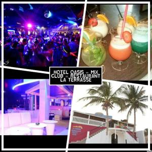 a collage of pictures of a party with palm trees and cocktails at Eco-Lodge Hotel Oasis Fishing in Saint-Louis