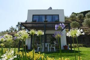 una casa con balcón y flores en el patio en Casa dos Becos, en Riba Douro