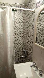 Un baño con lavabo y ducha con espejo. en Apartamento La Loca del Pincel, en Buenos Aires